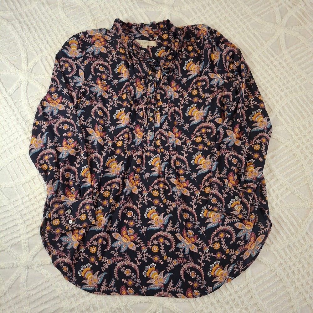 LOFT Navy Floral Paisley Blouse with Yellow & Pink Accents